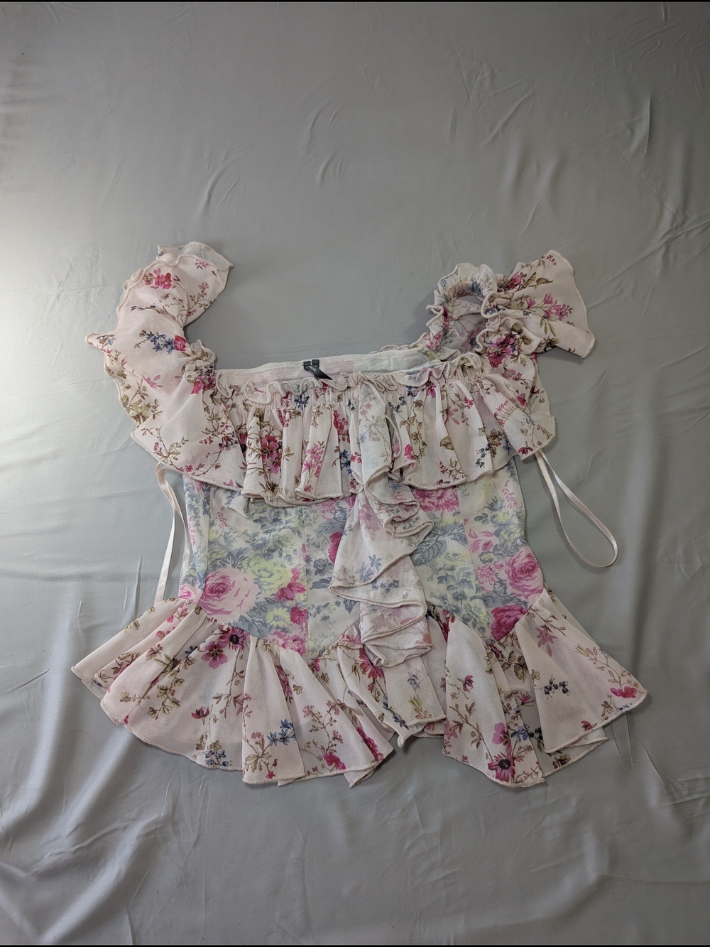 Anthropologie Pink Floral Ruffled Off-Shoulder Crop Top
